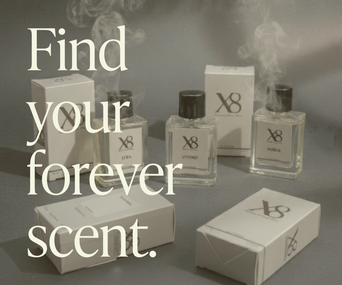 X8 Breeze and Amber perfumes in elegant packaging